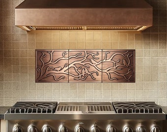 Birds on the branch - Set of 3 Handmade tiles - 100% Copper, Stainless Steel or Brass.