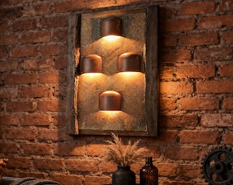 One of a Kind Copper Wall Light – Hand Patinated Metal Sculpture – Rustic Industrial Wall Lamp – Solid Oak Frame Unique Artisan Light Panel
