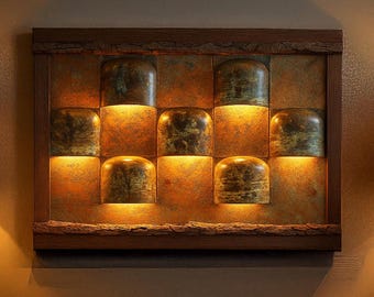 One of a Kind Copper Wall Light – Hand Patinated Metal Sculpture – Rustic Oak Frame – Unique Art Panel
