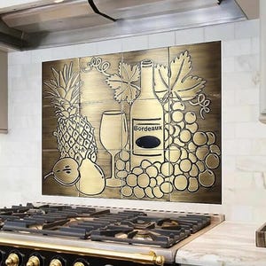 Wine & Grapes Metal Backsplash – Handmade Brass or Copper Kitchen Tile | Bordeaux Style Wall A Fruit and Bottle Motif | Real Metal Decor
