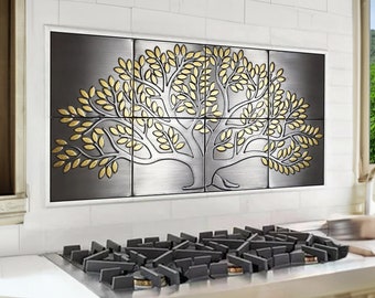 Luxury Tree of Life Kitchen Backsplash – Handmade Wall Art on Stainless Steel with Brass Leaves – Elegant Home Decor Tile Set