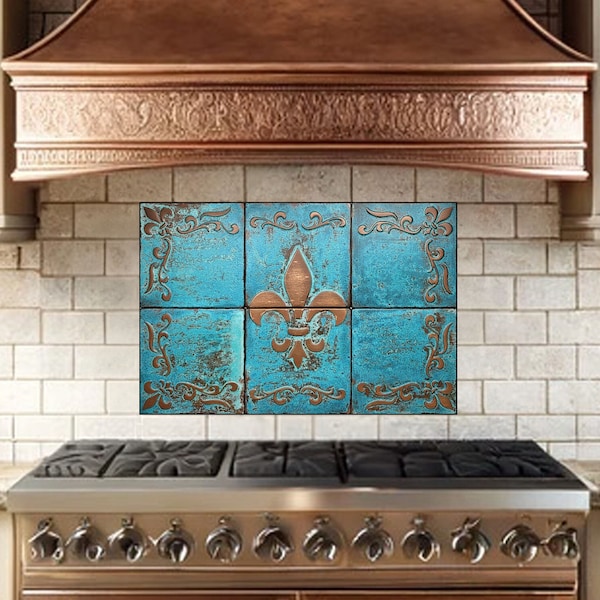 Fleur de lis - Set of 6 Handmade tiles - 100% Copper, Stainless Steel or Brass