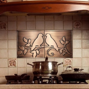 Birds in love on a branch. Set of 2 handmade tiles. Available in 3 sizes. 100% Copper, Stainless Steel or Brass.