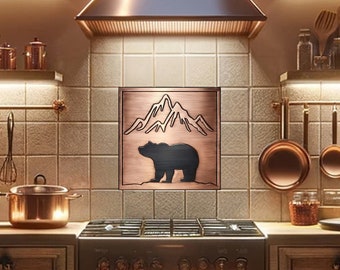 Bear and mountains - Handmade Tile. Material - 100% Copper, Stainless Steel or Brass