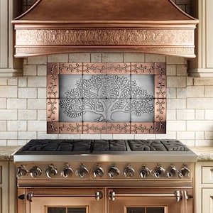 Metal Tree Tile Wall Art – Stainless Steel Frame with Copper Center – 24-Piece Luxury Backsplash for Kitchen or Fireplace