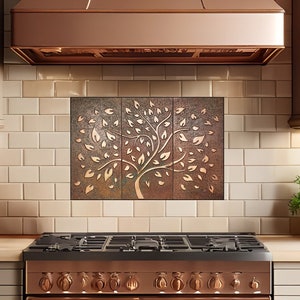 Handmade tree with falling leaves backsplash. - Set of 3 Handmade tiles - 100% Copper, Stainless Steel or Brass.