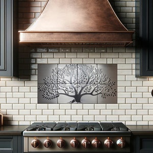 Black tree on stainless steel - 8 Handmade tiles - 100% Stainless steel.