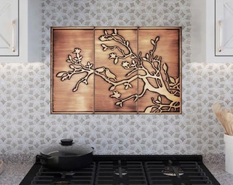 Birds on the branch - Set of 3 Handmade tiles - 100% Copper, Stainless Steel or Brass.
