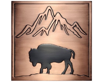Bison and mountains - Handmade Tile. Material - 100% Copper, Stainless Steel or Brass