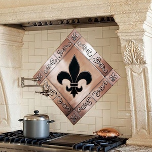 Flor de lis diagonal - Juego de 13 azulejos hechos a mano - 100% cobre, acero inoxidable o latón