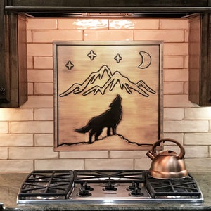 Wolf, mountains, moon and stars - Handmade 100% Copper, Brass or Stainless Steel Tile. The perfect tile for wolf lovers.