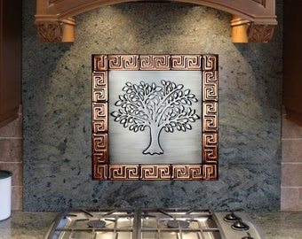 Stainless Steel Tree of Life with Copper Frame - Handcrafted Metal Tile Art