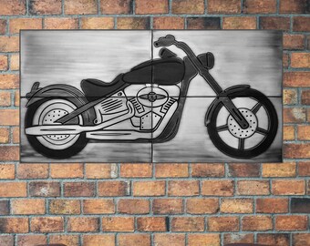Industrial Motorcycle Wall Art – Real Metal Tile Set for Man Cave, Bar or Garage Decor – Handmade Copper, Brass or Steel Panels
