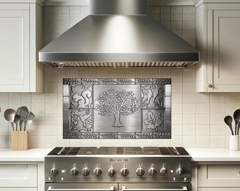 Modern Elegance: Stainless Steel Tree of Life Kitchen Backsplash - Artistic Metal Tiles