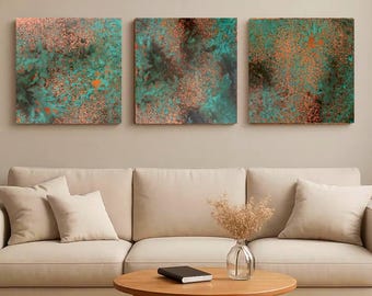 Real Copper Wall Art – 3 Panel Metal Artwork – Obsidian Copper Mist – Handcrafted Patina Decor – Dark Modern Triptych Statement Piece