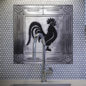 Rooster and chickens. Set of 13 handmade tiles - 100% Stainless Steel, Copper or Brass