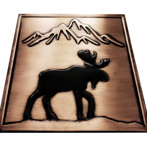 Moose and mountains - Handmade 100% Copper, Brass or Stainless Steel Tile. Metal wall art, wall tile, kitchen tile, rustic,