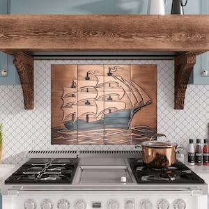 Beautiful sailing ship - Set of 12 Handmade tiles - 100% Copper, Brass or Stainless Steel.