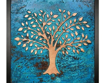Tree of Life Gift for Mom – Framed Copper Wall Art with Turquoise Patina – Handmade Gift for Her, Housewarming or Birthday Present