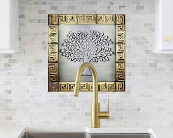 Brass Accented Stainless Steel Tree of Life - Luxury Kitchen Backsplash Tile