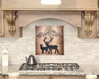 Deer and mountains - 100 % Copper, Brass or Stainless Steel, Handmade metal wall art, kitchen tile, accent kitchen tile, backsplash