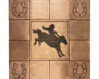 Horse, horseshoe, cowboy - SET of 13 HANDMADE tiles - Copper, Brass or Stainless Steel