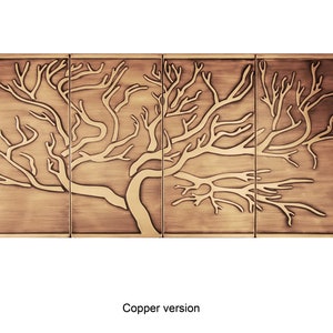 May include: A copper wall art piece featuring a stylized tree with branches extending out in a symmetrical pattern. The tree is embossed on a copper background.