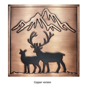 Deer and mountains - 100 % Copper, Brass or Stainless Steel, Handmade metal wall art, kitchen tile, accent kitchen tile, backsplash