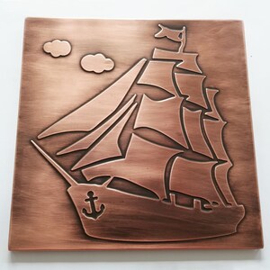 Sailing ship 100% Copper Tile, Handmade metal wall art, wall tile, kitchen tile, rustic, art deco, accent kitchen tile, backsplash