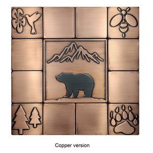 Bear and mountains - SET of 13 HANDMADE tiles - Copper, Brass or Stainless Steel