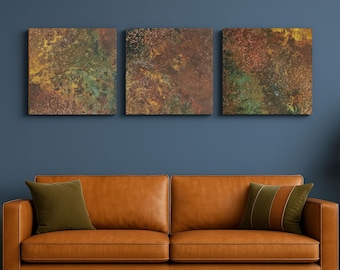 Real Copper Wall Art – 3 Panel Patina Metal Artwork – Savage Copper Bloom – Modern Rustic Statement Decor Wall Hanging