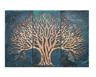 Tree of knowledge - Set of 3 Handmade tiles - 100% Copper, Stainless Steel or Brass.