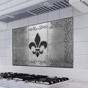 Fleur de lis - Set van 6 handgemaakte tegels - 100% roestvrij staal, koper of messing