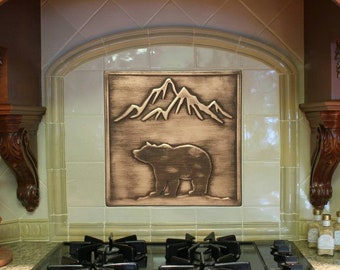 Bear and mountains 100% Copper, Brass or Stainless steel Tile, Handmade metal wall art, wall tile, kitchen tile, backsplash