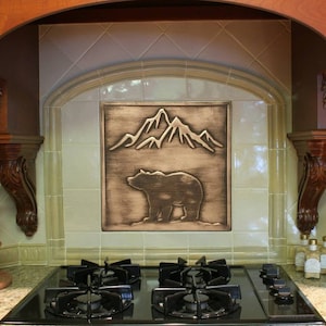 Bear and mountains 100% Copper, Brass or Stainless steel Tile, Handmade metal wall art, wall tile, kitchen tile, backsplash