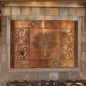 Hermoso y único protector contra salpicaduras con la naturaleza - Juego de 29 azulejos hechos a mano - 100% cobre, acero inoxidable o latón