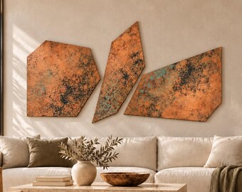 Geometric Copper Wall Art, Set of 3 Irregular Panels with Natural Patina