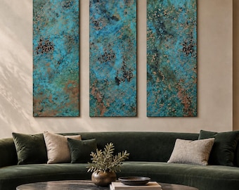 Copper Wall Art, 3 Panel Metal Wall Art, Oceanic Copper Pulse Turquoise Patina, Vertical Triptych, Coastal Statement Decor