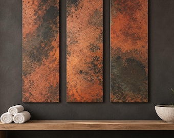 Copper Wall Art, 3 Panel Metal Wall Art, Eternal Copper Inferno Fiery Orange Patina, Vertical Triptych, Statement Decor