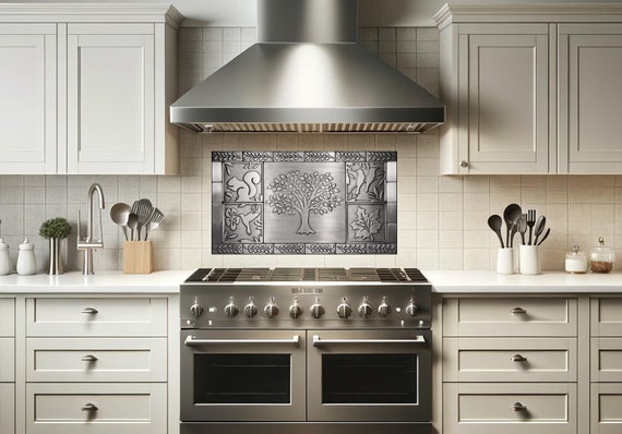 Modern Elegance: Stainless Steel Tree of Life Kitchen Backsplash - Artistic Metal Tiles