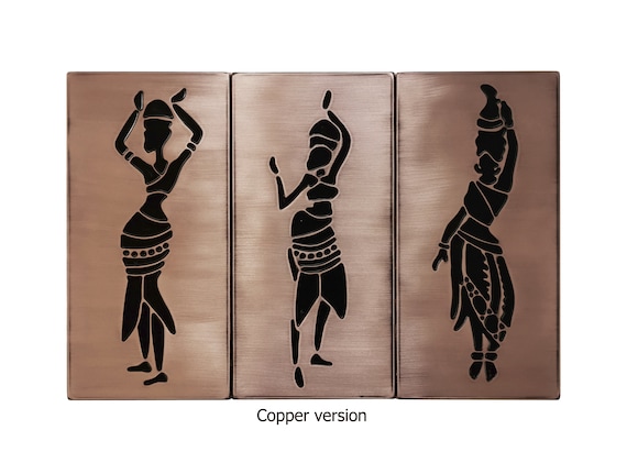 Three African woman tribal - Set of 3 Handmade tiles - 100% Copper, Stainless Steel or Brass. The perfect backsplash for Africa Lovers