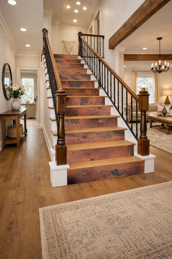 Real Copper/Brass/Stainless Steel Stair Risers – Decorative Patina Panels – Handmade for Artistic Stair Designl