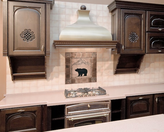 Large Bear and mountains - SET of 21 HANDMADE tiles - Copper, Brass or Stainless Steel