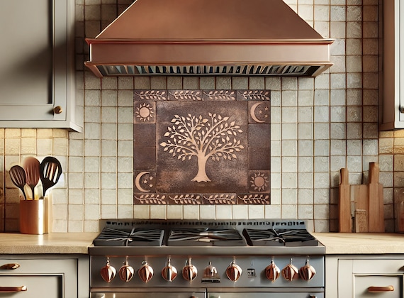 Aged, vintage style copper tree of life backsplash - set of 17 handmade tiles