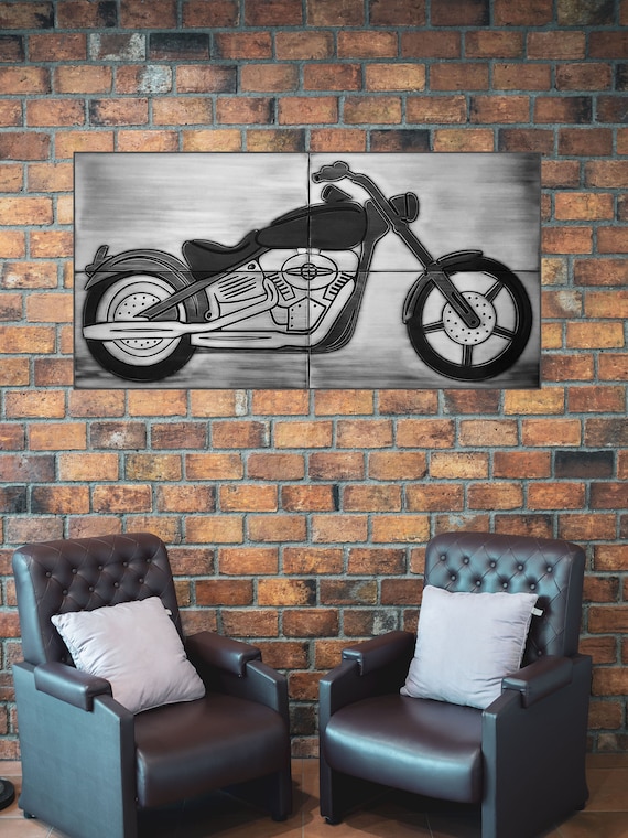 Industrial Motorcycle Wall Art – Real Metal Tile Set for Man Cave, Bar or Garage Decor – Handmade Copper, Brass or Steel Panels