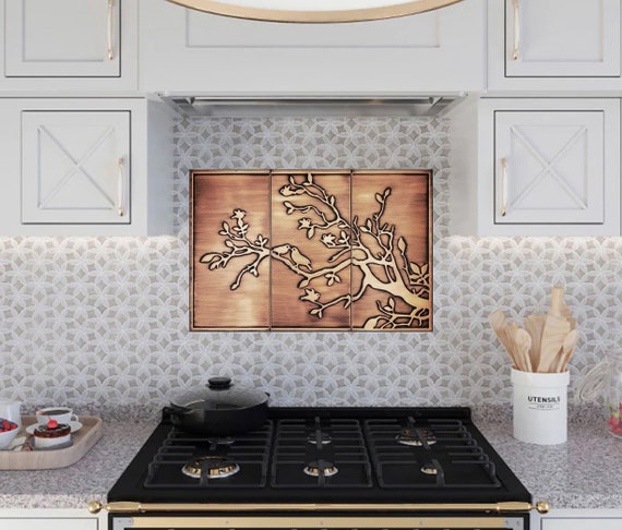 Birds on the branch - Set of 3 Handmade tiles - 100% Copper, Stainless Steel or Brass.