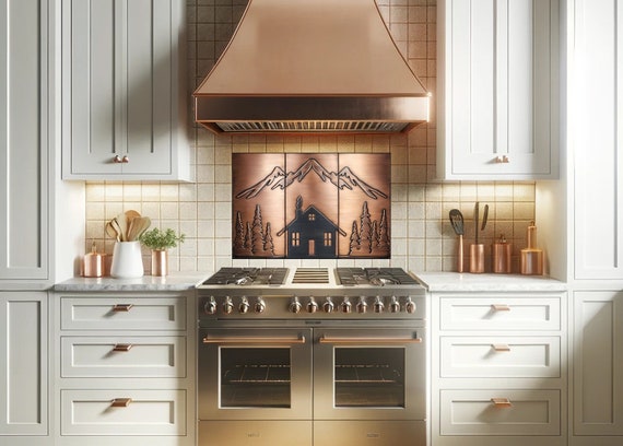 Cabin in the mountains - beautiful set of 3 Handmade tiles - 100% Copper, Stainless Steel or Brass.