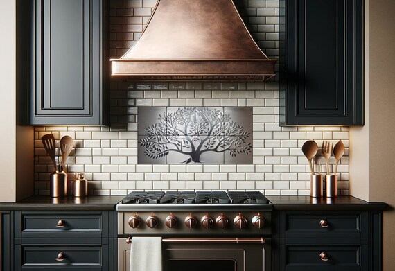 Black tree on stainless steel - 8 Handmade tiles - 100% Stainless steel.