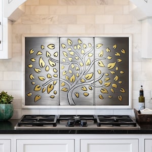 Exclusive, limited stainless tree with brass falling leaves - Set of 3 Handmade tiles - 100% Stainless steel