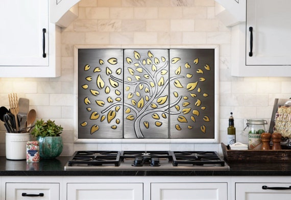 Exclusive, limited stainless tree with brass falling leaves - Set of 3 Handmade tiles - 100% Stainless steel